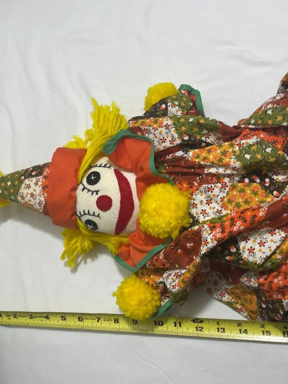 Vintage Handmade Rag Doll Clown Plush Stuffed Toy Yellow Yarn Hair Patchwork 20